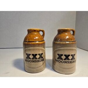 Vintage XXX Moonshine Jug Salt and Pepper Shakers Brown Stoneware Set /0523